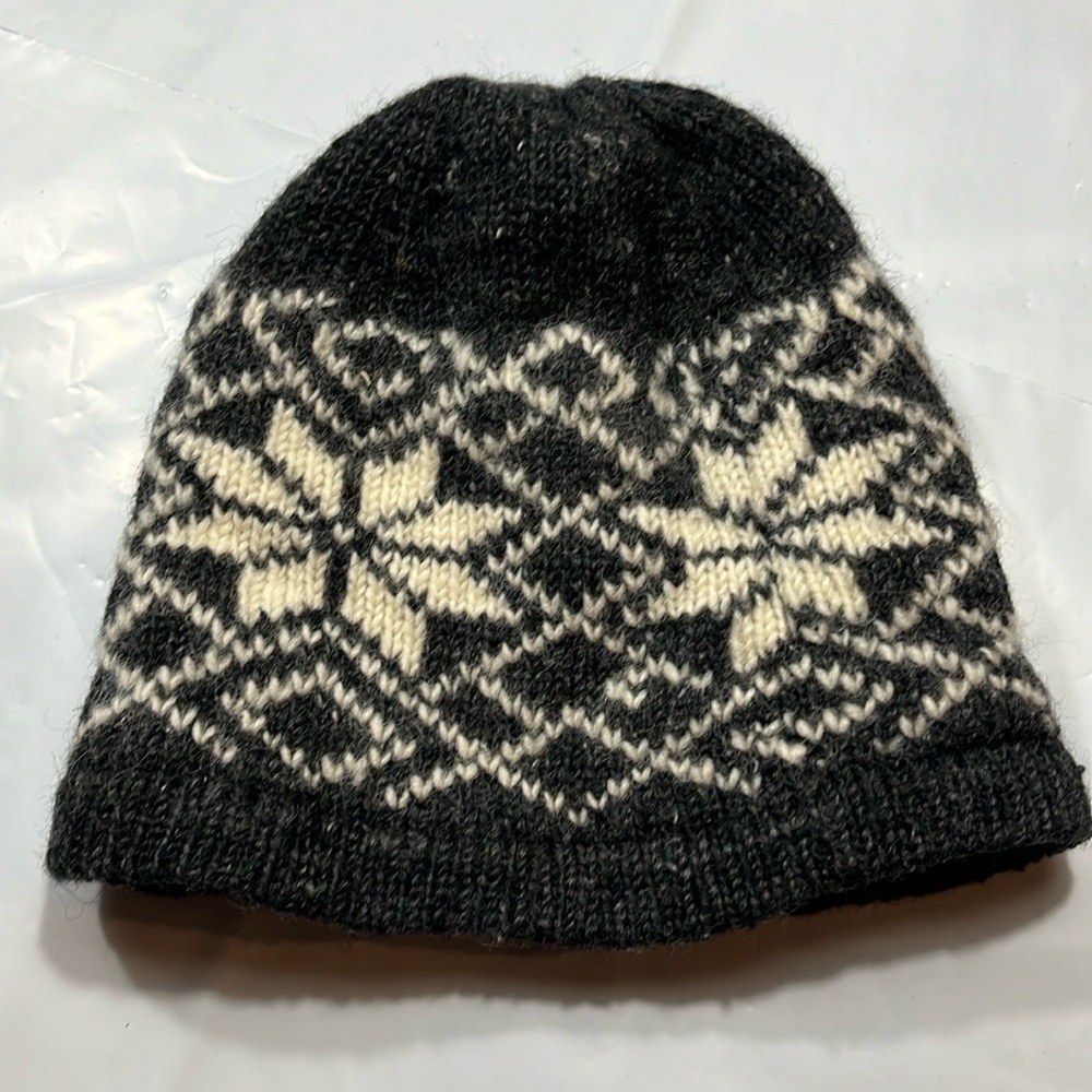 SNOWFLAKE hat white gray wool knit ski CAP BEANIE Unisex Winter Nepal made OS
